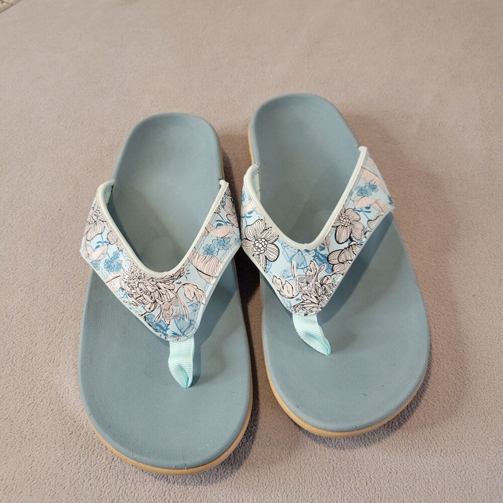 Spenco Yumi Tropical Sandals Blue Floral Flip Flop Thong Flats Slip On Size W12